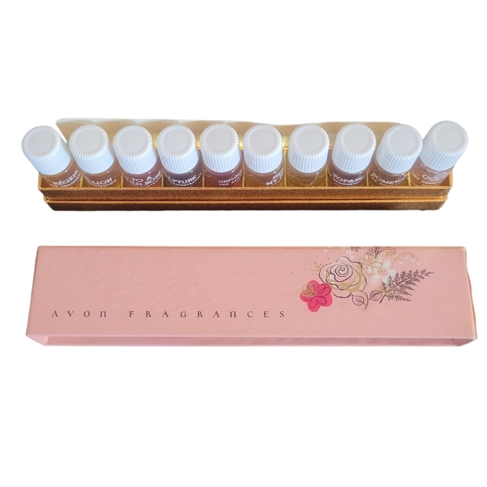 Vintage 60s Avon Fragrances 10 Piece 1‎ Dram Demonstration Sampler Set Pink Box